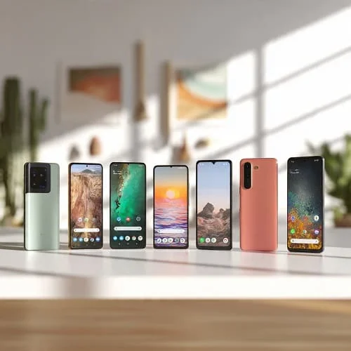 Mid‑range smartphones arranged on a desk with colorful OLED displays
