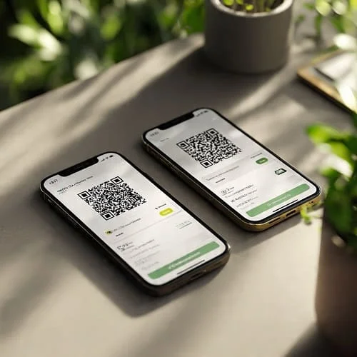 iPhone and Android showing eSIM QR activation screens and selecting travel eSIM as data line