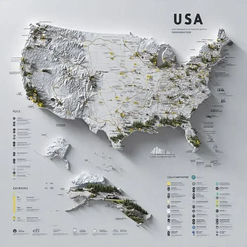 USA coverage map checklist highlighting cities, interstates, and national parks to match eSIM carriers
