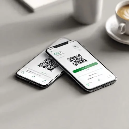 Side-by-side iPhone and Android screens demonstrating Europe eSIM QR activation and data line selection