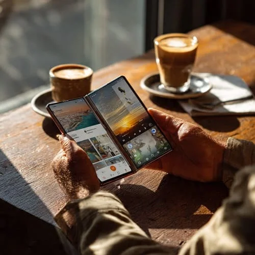 User multitasking with two apps side by side on a foldable phone