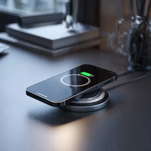 Magnetic Qi2 wireless charger aligned to a smartphone ring