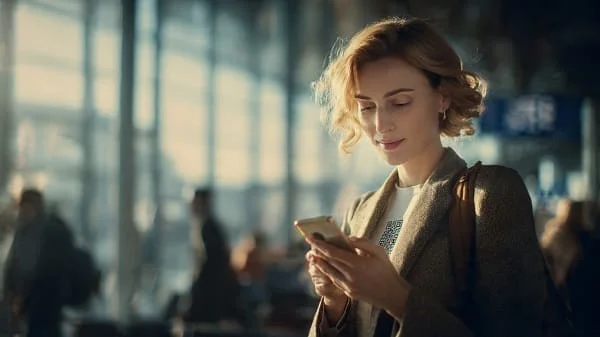 Traveler using phone with eSIM at an airport