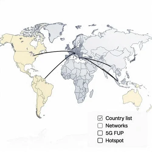 World map highlighting routing across regions with a coverage and plan selection checklist
