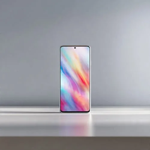 Large-screen smartphone on a desk with bright home screen