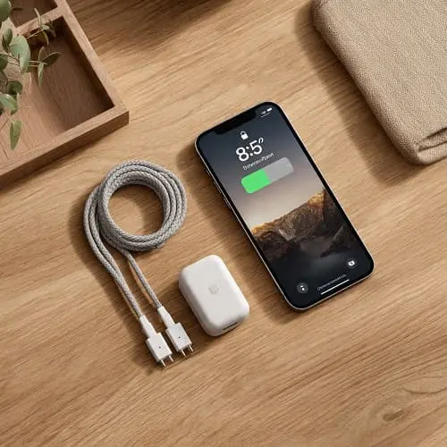iPhone 16 Pro on desk with battery widget and USB‑C charger