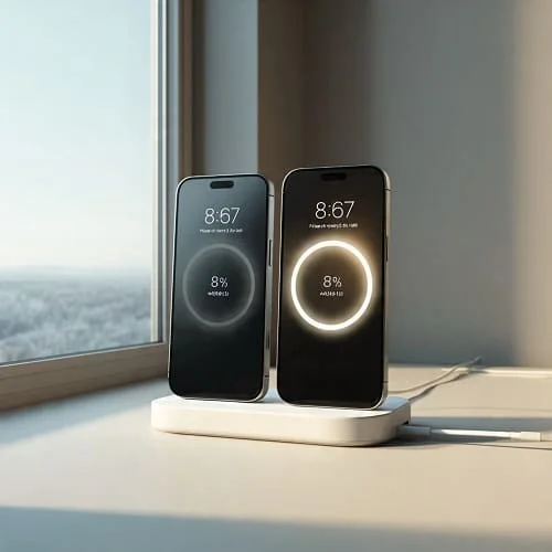 Dramatic split-screen image comparing iPhone 16 Pro and Pro Max charging speeds.