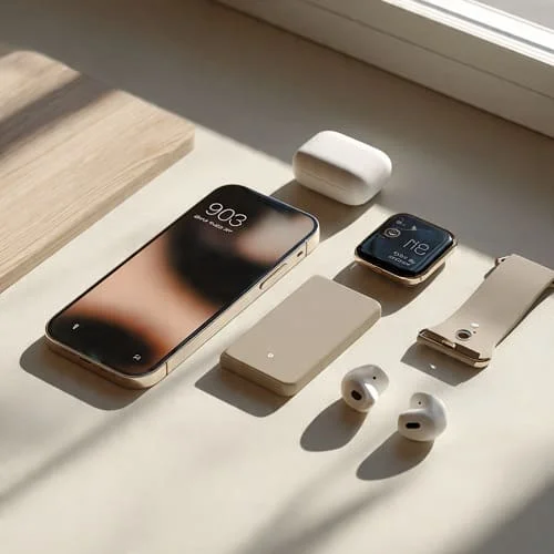 Smartphone, smartwatch, and earbuds arranged together suggesting an ecosystem