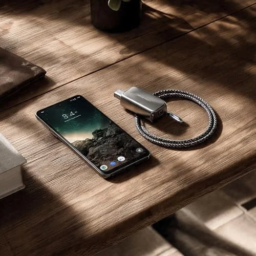 Android phone charging via USB‑C with a compact GaN charger