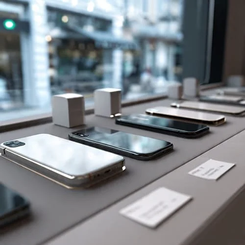 Smartphones on a retail table with price tags