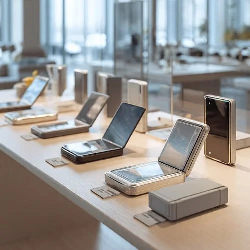Foldable phones on a retail display table with price tags
