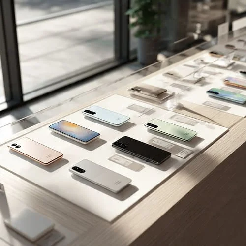 Galaxy S25 series phones on a retail display table with price tags