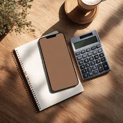 Phone with calculator and notepad calculating effective deal price
