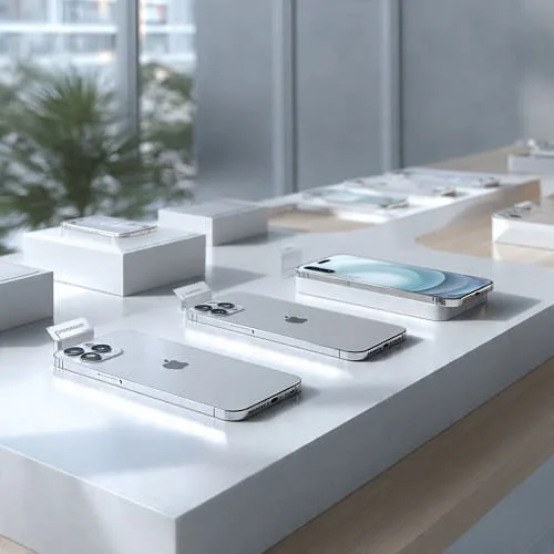 iPhones on a retail display table with price tags