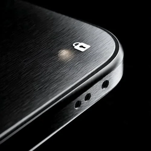 Device Hardening Mindset Macro iPhone edge with lock icon reflection