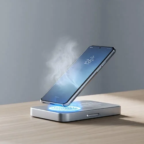 Samsung Galaxy phone placed on a ventilated stand to improve cooling during heavy tasks