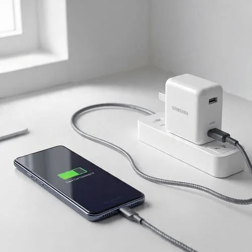 Charging a Samsung phone with a certified USB-C PD charger on a cool hard surface