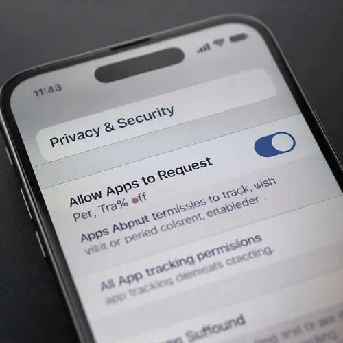 iPhone Tracking settings showing Allow Apps to Request to Track turned off and per‑app toggles disabled