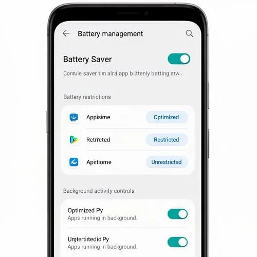 Android battery settings showing battery saver, background restrictions, and app battery options