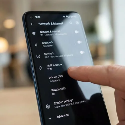 Android Private DNS settings screen showing Automatic option to fix Wi-Fi connected but no internet