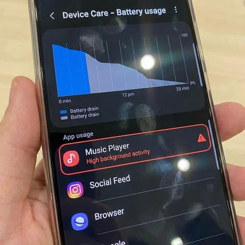 Samsung Device Care battery usage screen showing an app with high background activity