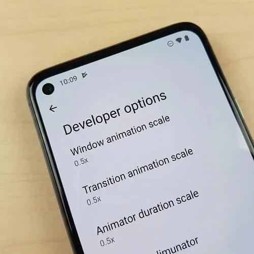 Samsung Developer options showing animation scales set to 0.5x to speed up One UI