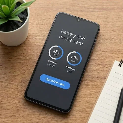 Samsung Battery and device care dashboard showing storage, memory, and optimization options