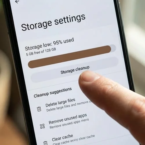 Samsung storage screen showing low free space and cleanup recommendations