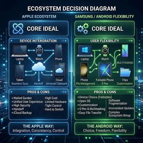 Decision diagram showing Apple ecosystem vs Samsung and Android flexibility in 2026