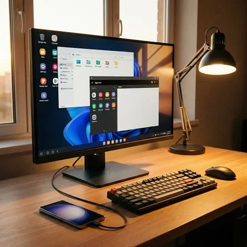 Samsung phone connected to a monitor with a DeX-style desktop workspace in 2026