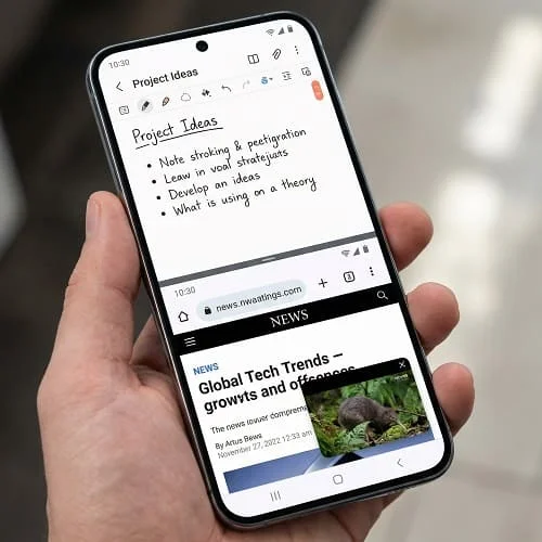 Samsung split screen and pop-up multitasking with notes and browser apps in 2026