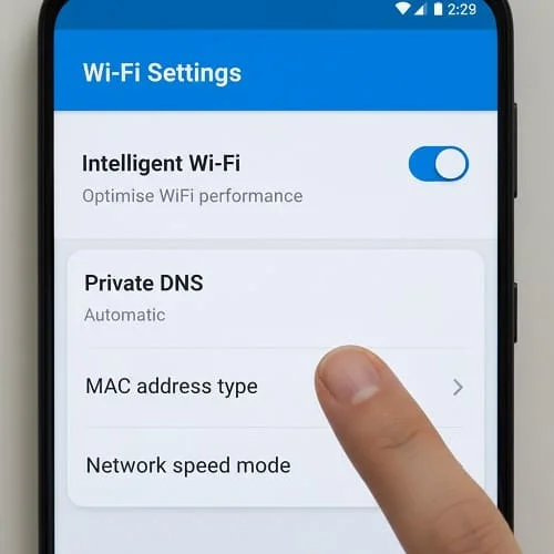 Samsung Wi-Fi settings showing Private DNS and Intelligent Wi-Fi options