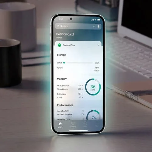 Android device care or optimization screen showing storage, memory, and performance checks
