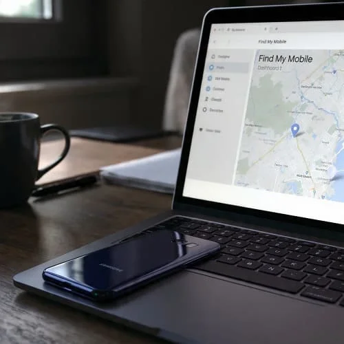 Remote unlock concept using Samsung Find My Mobile on a laptop and a locked Galaxy phone