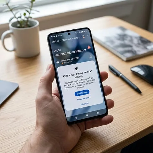 Android phone showing Wi-Fi connected but no internet with an exclamation mark icon
