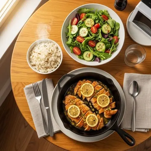 Skillet chicken with a quick pan sauce and vegetables for a 20 minute dinner