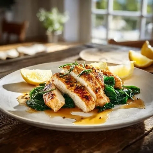 Lemon garlic chicken with wilted spinach served for a quick 20 minute dinner