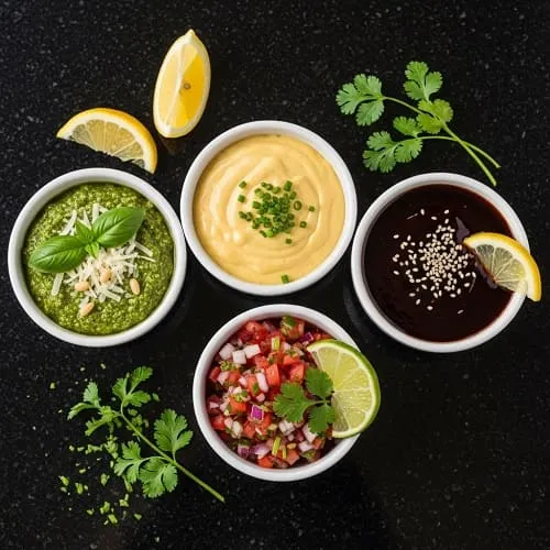 Small bowls of quick sauces like pesto, mustard sauce, salsa, and teriyaki for chicken dinners