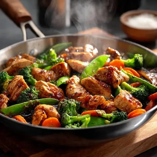 Teriyaki chicken stir-fry in a skillet with vegetables for a quick dinner