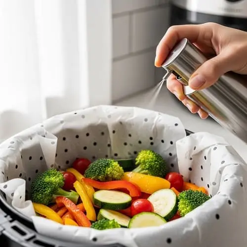 Air fryer basket with light oil sprayer and parchment liner ready for cooking