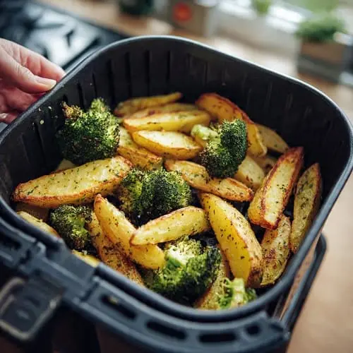 Air fryer basket with food spaced in a single layer for even crisping