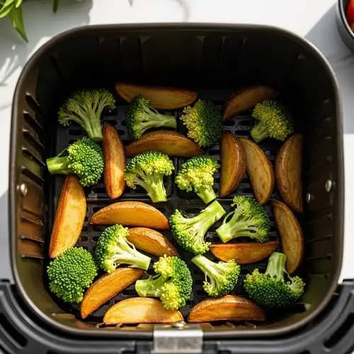 Single layer of food spaced out in an air fryer basket for even browning