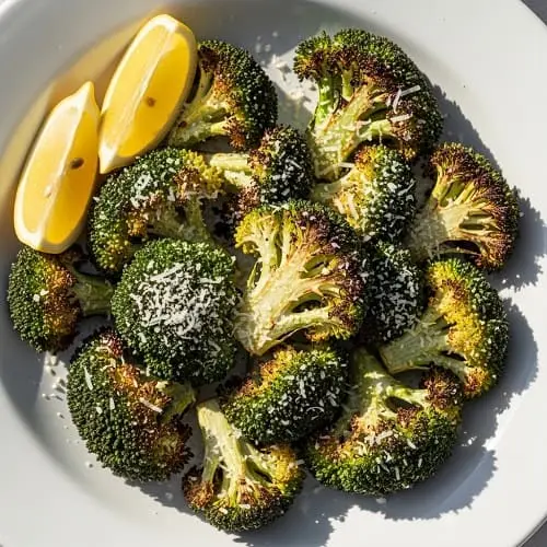 Air fryer roasted broccoli with parmesan and lemon on a serving plate