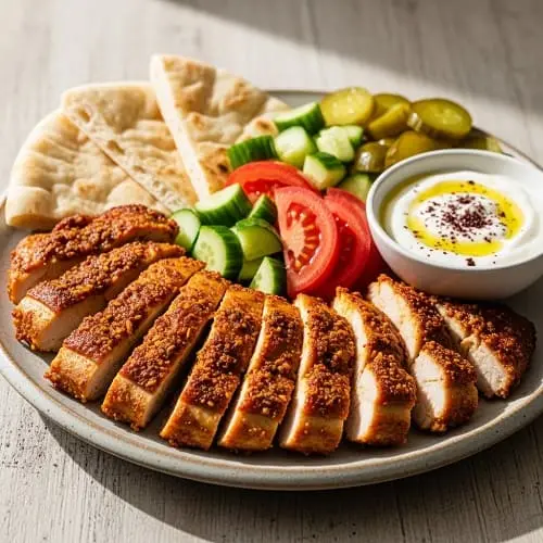 Air fryer chicken shawarma thighs sliced and served with pita and cucumber
