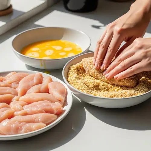 Chicken tenders being breaded with panko and parmesan for air fryer cooking
