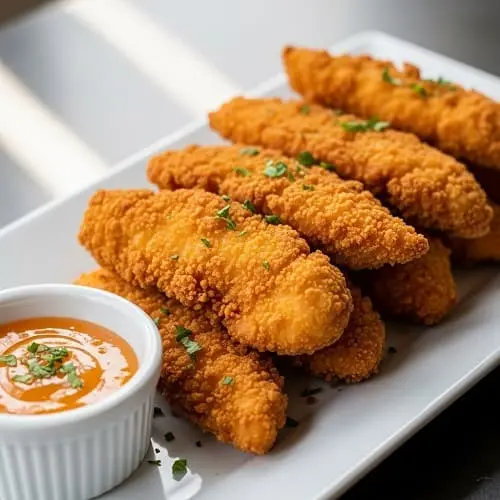 Crispy air fryer chicken tenders on a plate with dipping sauce