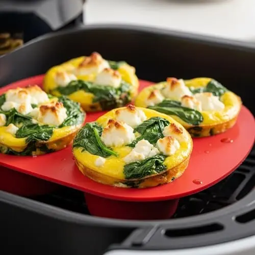 Air fryer egg bites in a silicone mold with spinach and feta