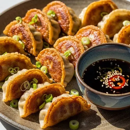 Crispy air fryer dumplings with dipping sauce on the side