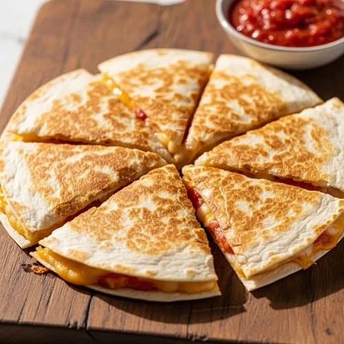 Crispy air fryer quesadilla sliced into wedges on a cutting board