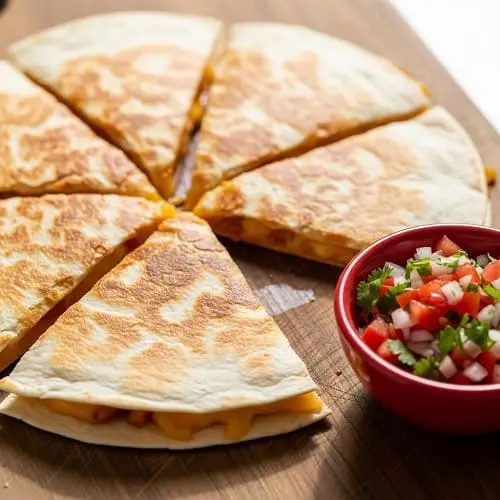 Air fryer quesadilla sliced into wedges on a cutting board with salsa